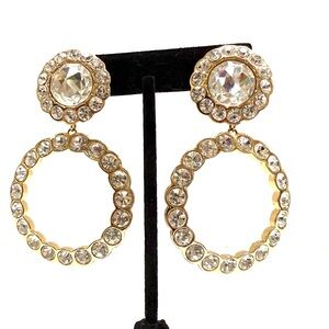 Elegant Christian Dior Vintage Gold Plated & Silver Crystal Large Hoop Earrings
